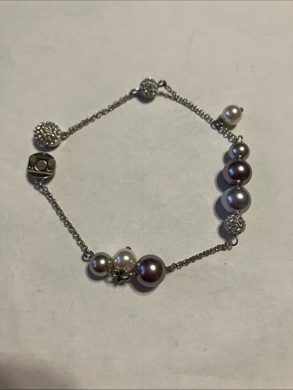 Swarovski Silver Bracelet with White and Gray Pearls